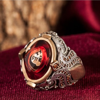 925 Sterling Silver La Galibe İllallah Written Amber Stone Men Ring