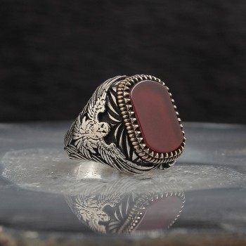 925 Sterling Silver Aqeq Stone Eagle Pen Workmanship Square Men Ring