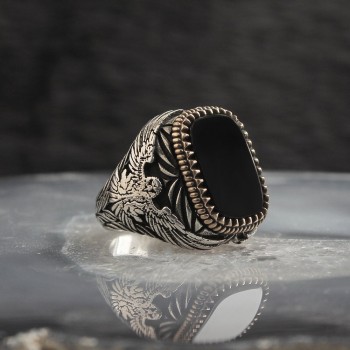 925 Sterling Silver Aqeq Stone Eagle Pen Workmanship Square Men Ring