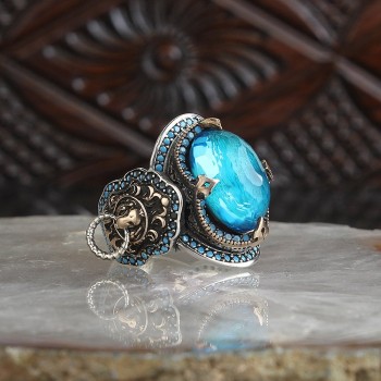 925 Sterling Silver Blue Zircon Stone Traditional Motif Men Ring