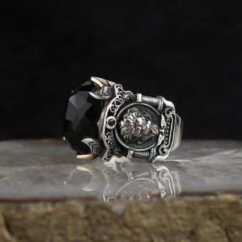 925 Sterling Silver Black Zircon Stone Lion Head Motif Men Ring