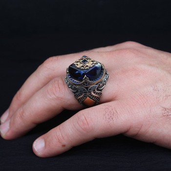 925 Sterling Silver Amber Stone Handmade Traditional Motif Men Ring