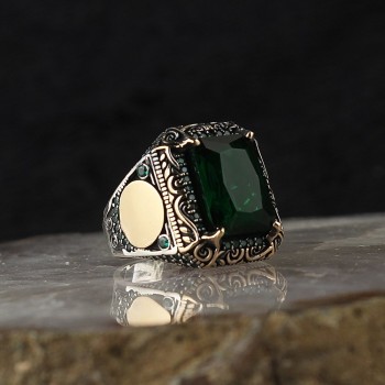 925 Sterling Silver Green Zircon Stone Handmade Square Men Ring