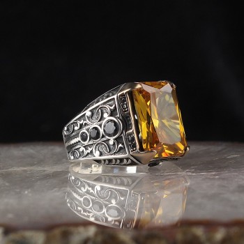 925 Sterling Silver Agate Stone Handmade Square Men Ring