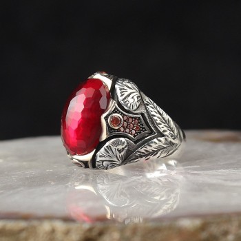 925 Sterling Silver Aqua Marine Stone Traditional Motif Men Ring