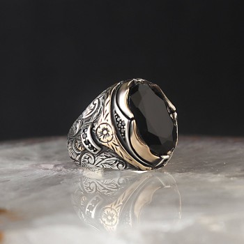 925 Sterling Silver Black Zircon Traditional Motif Men Ring