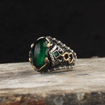 925 Sterling Silver Green Zircon Stone Handmade Men Ring