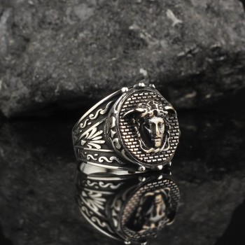 925 Sterling Silver Lion Head Handmade Traditional Motif Men Ring