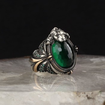 925 Sterling Silver Green Zircon Stone Lion Head  Handmade Men Ring