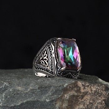 925 Sterling Silver Mystic Topaz Stone Handmade Square Ring