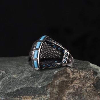 925 Sterling Silver Blue Zircon Stone Handmade Men Ring