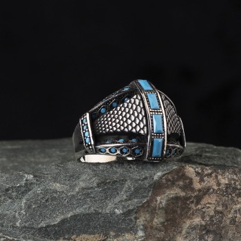 925 Sterling Silver Blue Zircon Stone Handmade Men Ring