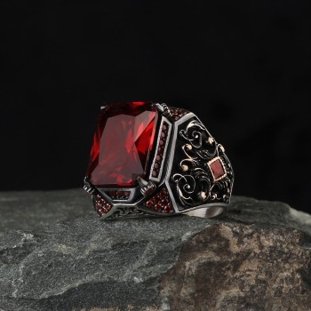 925 Sterling Silver Red Zircon Stone Handmade Square Men Ring