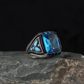 925 Sterling Silver Aqua Marine Stone Traditional Square Men Ring