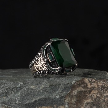 925 Sterling Silver Green Zircon Stone Handmade Men Ring