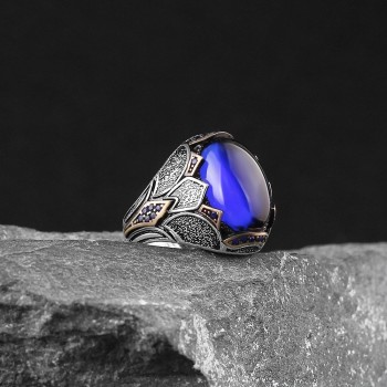 925 Sterling Silver Blue Tiger Eye Handmade Men Ring