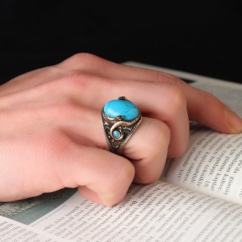 925 Sterling Silver Turquoise Stone Snake Detail Handmade Men Ring