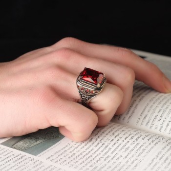 925 Sterling Silver Red Zircon Stone Handmade Square Men Ring