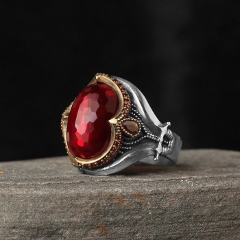 925 Sterling Silver Red Zircon Stone Sword Detail Handmade Men Ring