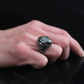 925 Sterling Silver Black Zircon Stone Traditional Men Ring