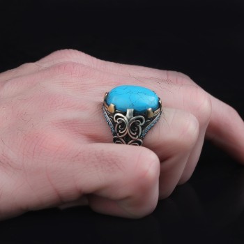 925 Sterling Silver Turquoise Stone Traditional Handmade Men Ring