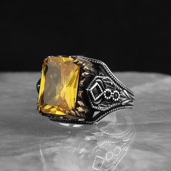 925 Sterling Sİlver Citrine Stone Handmade Square Men Ring