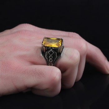 925 Sterling Sİlver Citrine Stone Handmade Square Men Ring