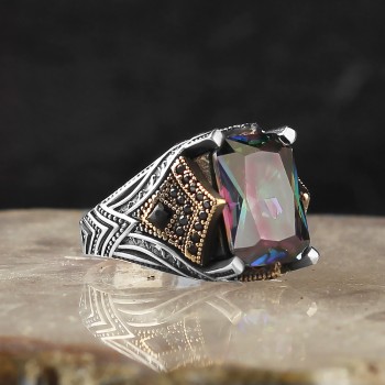 925 Sterling Silver Paraiba Stone Handmade Square  Men Ring