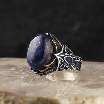 925 Sterling Silver Lapis Stone Handmade Pen Workmanship Men Ring