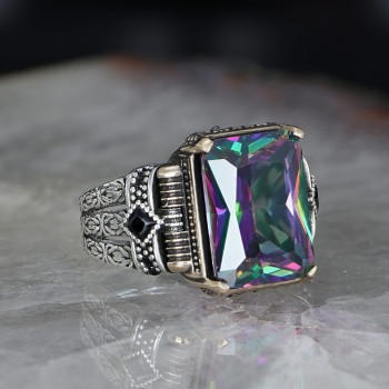 925 Sterling Silver Green Zircon Stone Handmade Square Men Ring