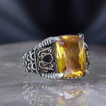 925 Sterling Silver Red Zircon Stone Eagle Claw Square Men Ring