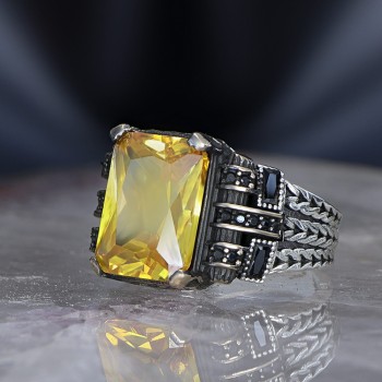 925 Sterling Silver Yellow Zircon Stone Chain Link Square Men Ring