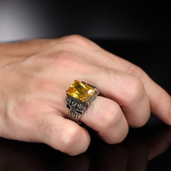 925 Sterling Silver Yellow Zircon Stone Chain Link Square Men Ring