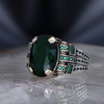 925 Sterling Silver Green Stone Chain Link Men Ring