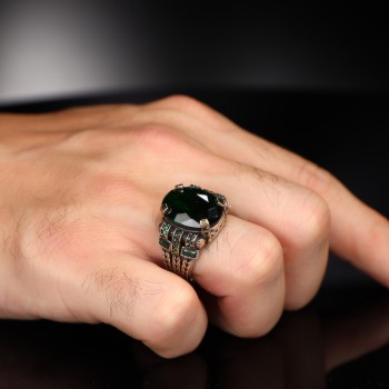 925 Sterling Silver Green Stone Chain Link Men Ring