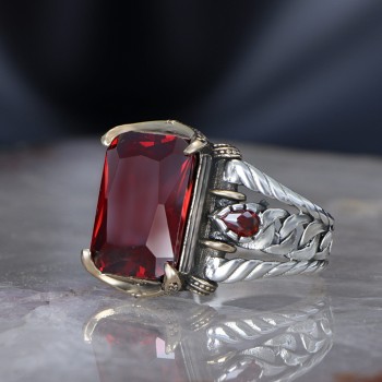 925 Sterling Silver Red Zircon Stone Handmade Chain Link  Men Ring