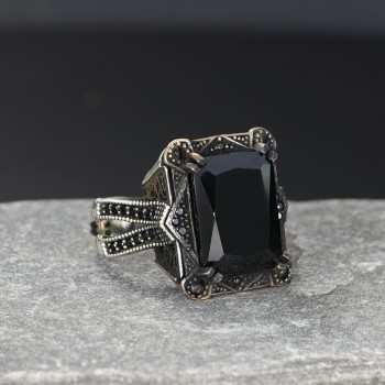 925 Sterling Silver Aqua Marine Stone Traditional Square Men Ring