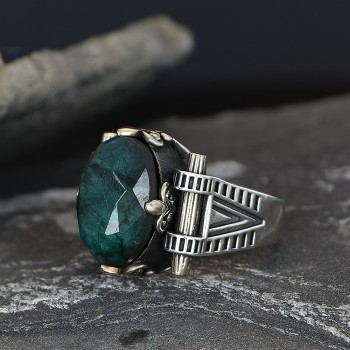 925 Sterling Silver Emerald  Stone Handmade Men Ring