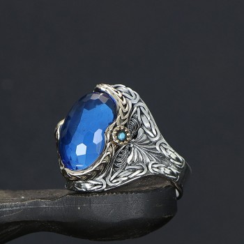 925 Sterling Silver Blue Zircon Stone Handmade Chain Link Men Ring