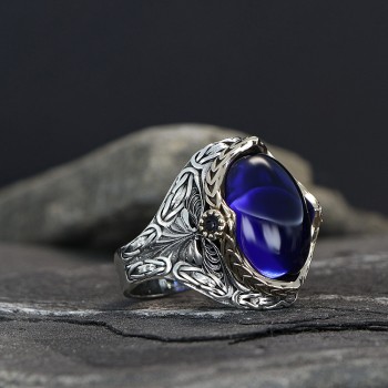 925 Sterling Silver Blue Zircon Stone Handmade Chain Link Men Ring