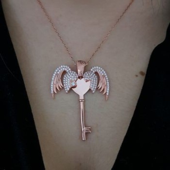 Rose Gold Plated 925K Silver Angel Wings Heart  Personalized Necklace